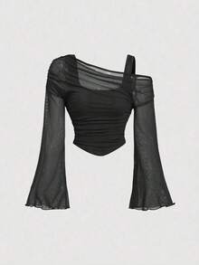 STop largo de mujer con mangas trompeta de 2 en 1 con hombros descubiertos y malla, estilo occidental, vintage, de los 70, The Bachelorette - Negro - Ver 1