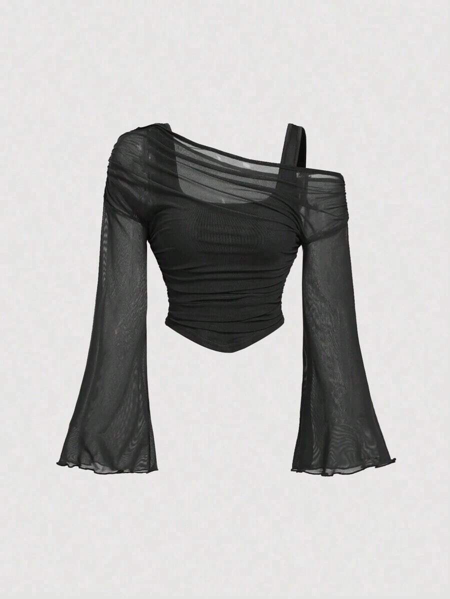 STop largo de mujer con mangas trompeta de 2 en 1 con hombros descubiertos y malla, estilo occidental, vintage, de los 70, The Bachelorette - Negro - Ver 1