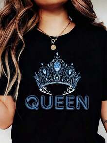 Short Sleeve, Plus Size - Women's Plus Size Casual Round Neck T-Shirt With Queen Crown And Letter Print - Soft Fabric, Cropped, All Seasons, Versatile Top, Casual Wear, Leisure Material. - 黑色 - 查看 6