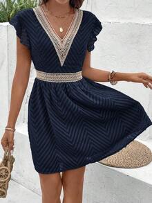 Vestido de verano con cintura fruncida y mangas de mariposa para mujer con cuello en V y estilo elegante - Azul marino - Ver 4