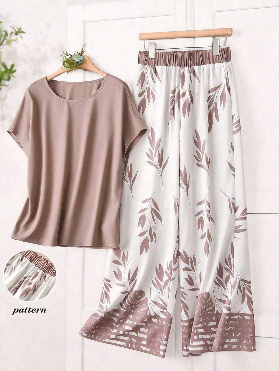 Set de 2 piezas de top de cuello redondo holgado y pantalones de pierna ancha para mujer, conjunto versátil casual para primavera/otoño, conjunto de pantalones y top casual para vacaciones - Multicolor 8 - Ver 1