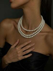 1pc Fashion Faux Pearl Triple Layer Necklace, Suitable For Important Occasions And Beach Parties - Multicolor - View 5