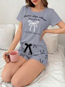 de pijama de pantalón corto y estampado de lazo y letra de manga corta - Multicolor 4 - Ver 5