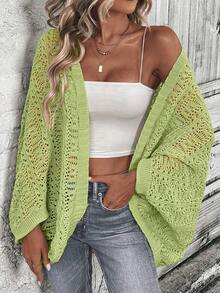 Cárdigan ligero y versátil de unicolor y diseño hueco para uso diario de mujer - Verde - Ver 3