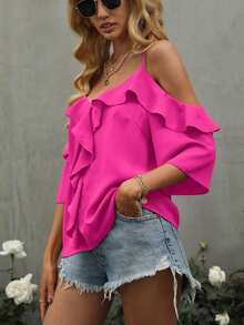 Blusa de volantes con hombros descubiertos de unicolor, estilo de vacaciones de playa para mujer - Rosa Fucsia - Ver 3