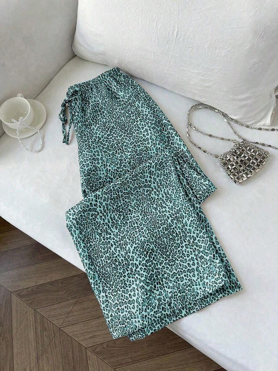 Pantalones anchos de pierna negros con diseño de estampado de leopardo retro elegante, pantalones rectos con cintura elástica con cordón, uso casual, vuelta al colegio - verde menta - Ver 1