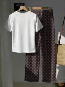 2 piezas Conjunto de top de manga corta con estampado floral bordado falso y rayas y pantalones a rayas, atuendo casual adecuado para el uso diario, citas, fiestas, otoño/invierno/verano, Navidad, Año Nuevo, Acción de Gracias, fiestas, bodas, - Multicolor 14 - Ver 2