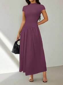 Vestido casual largo plisado de manga abullonada y cuello alto en unicolor para mujer, de verano - Morado - Ver 6