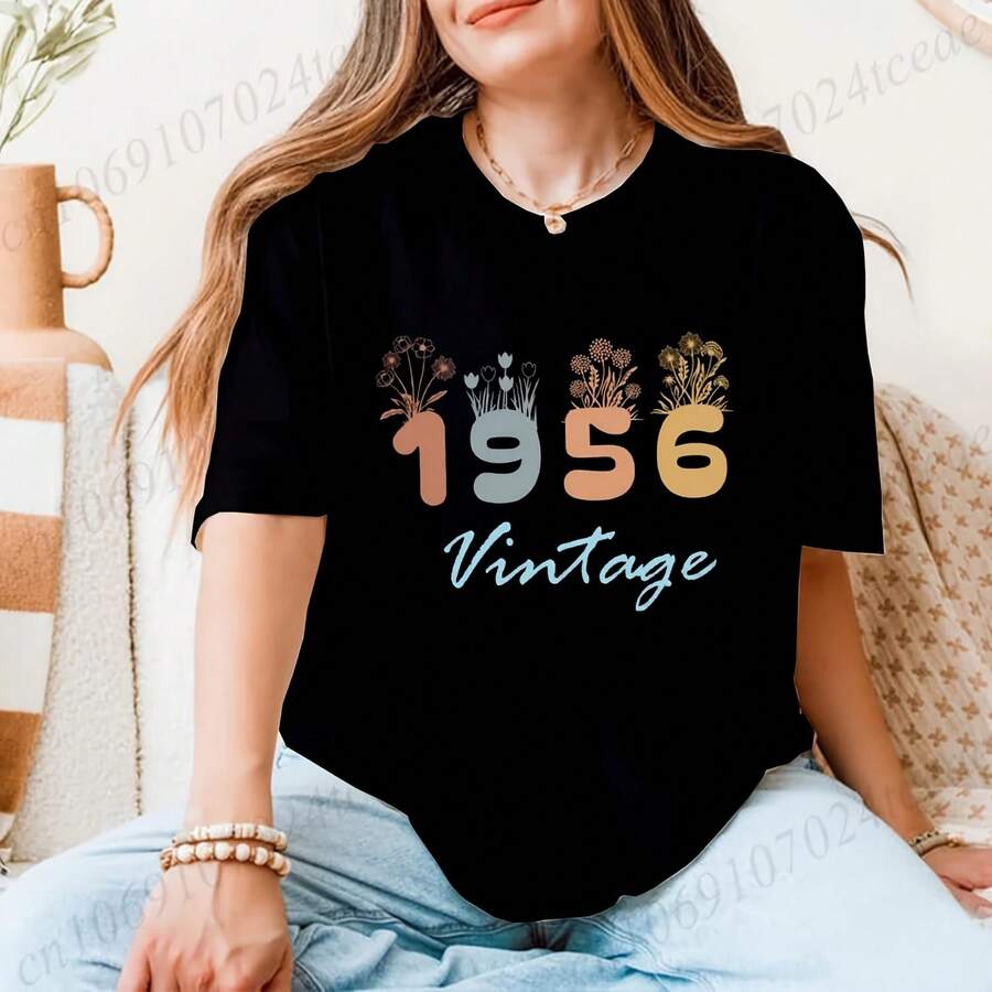 1956 Camiseta vintage de flores Camisa gráfica retro unisex Camisetas casuales de manga corta para mujer Ropa Regalo de cumpleaños para él y ella - forma - Ver 1