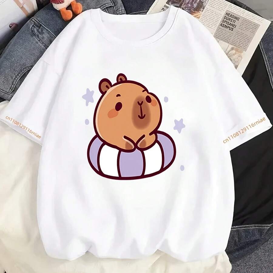 Camiseta de manga corta con estampado de capibara, tela pura de algodón de doble capa, transpirable, absorbente del sudor y suave, novedad de 2026 - forma - Ver 1