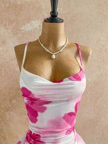 Vestido de tirantes con cuello drapeado con diseño de flores rojas en acuarela para vacaciones de verano - Multicolor - Ver 5