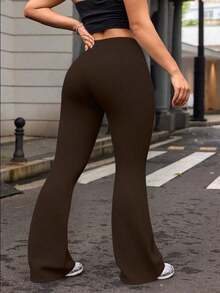 Pantalones acampanados de cintura alta de unicolor talla grande para mujer, leggings deportivos de yoga, pantalones de correr y fitness de primavera en color negro - Marrón - Ver 2