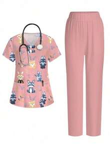Conjunto de 2 piezas con top de manga corta con cuello en V blanco con bolsillo y diseño de oreja colgante, estampado de mariposa y flores, y pantalón recto para mujer, uniforme de enfermera de primavera/verano, conjunto casual, uniforme - Multicolor - Ver 1