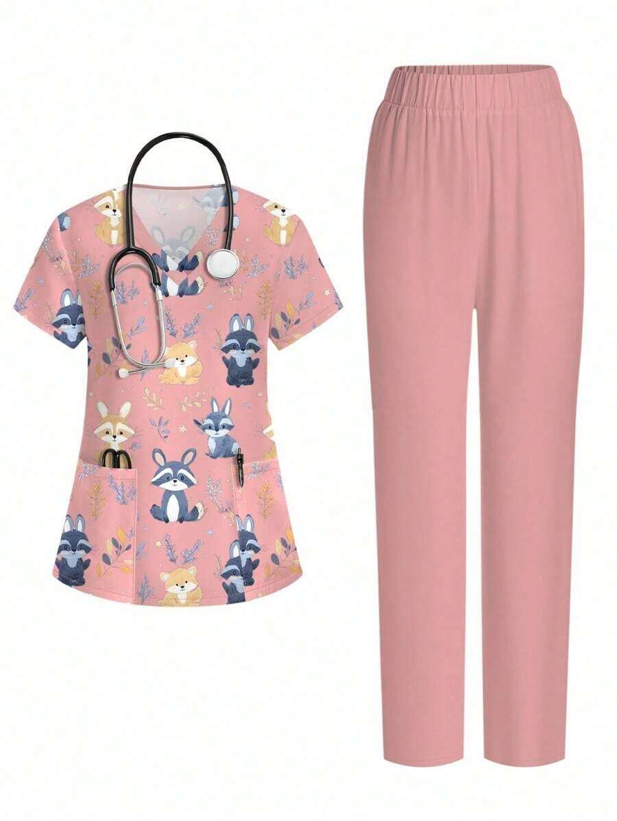 Conjunto de 2 piezas con top de manga corta con cuello en V blanco con bolsillo y diseño de oreja colgante, estampado de mariposa y flores, y pantalón recto para mujer, uniforme de enfermera de primavera/verano, conjunto casual, uniforme - Multicolor - Ver 1