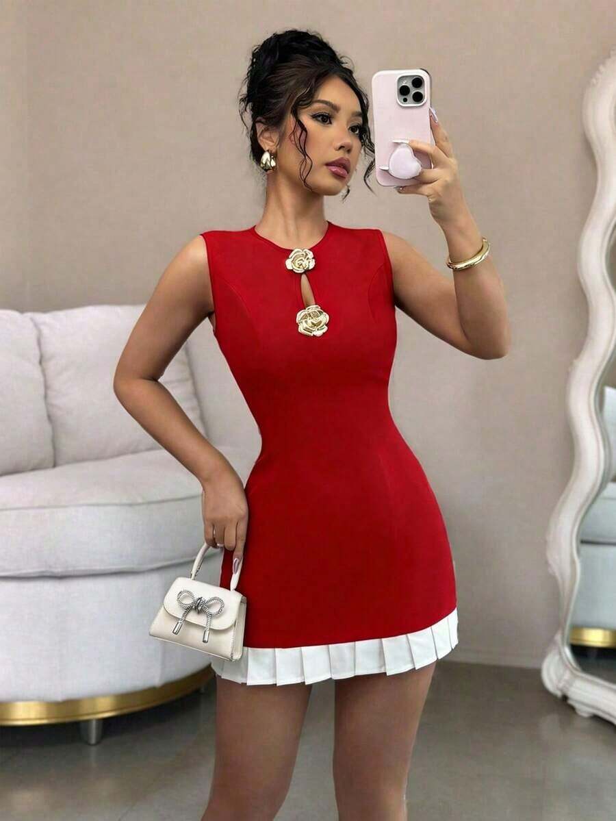 Raffinéa Vestido con hebilla de metal hueca y ribete de volantes para mujer - Multicolor 2 - Ver 1