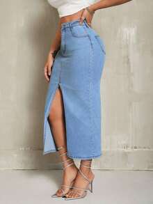 Minifalda de mezclilla ajustada y sexy con bolsillo diagonal y abertura alta en un solo color para mujer - Azul - Ver 4