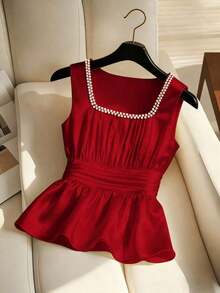 Blusa ajustada sin mangas con cuello y detalles de perlas falsas para mujer - Rojo - Ver 3