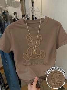 Camiseta de mujer de manga corta, cuello redondo y estampado de oso, de estilo casual - Marrón 2 - Ver 1