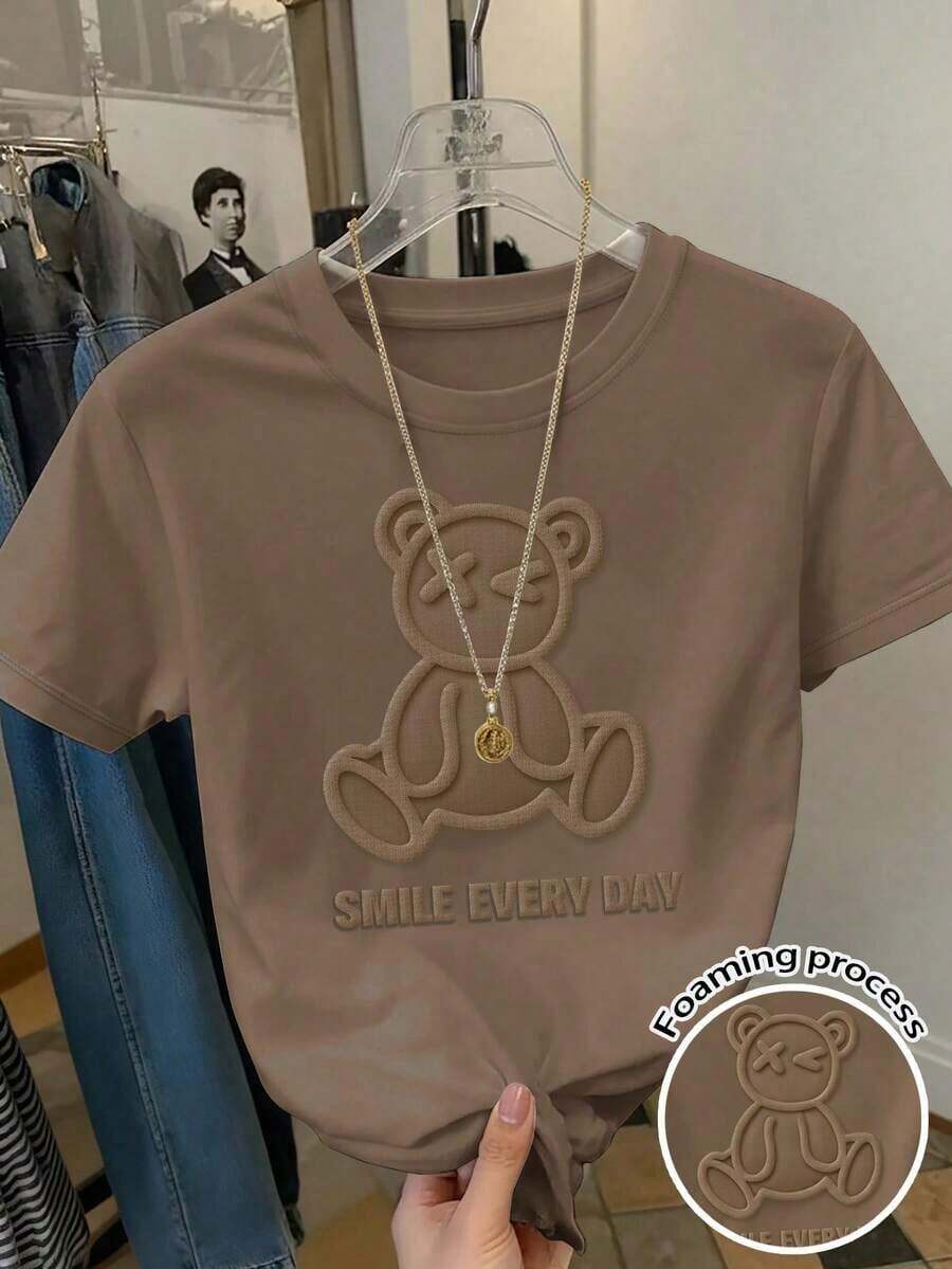 Camiseta de mujer de manga corta, cuello redondo y estampado de oso, de estilo casual - Marrón 2 - Ver 1