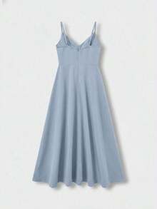 Vestido midi elegante de mujer con cuello en V, vestido de tirantes de mezcla de lino con corte evasé y espalda descubierta, adecuado para vacaciones, playa, boda, fiesta de cóctel - Celeste - Ver 6