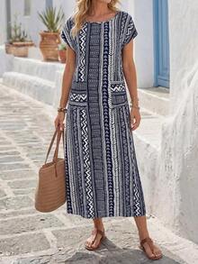 Vestido casual de mujer con estampado floral y manga corta, ideal para vacaciones de verano - Azul marino - Ver 2