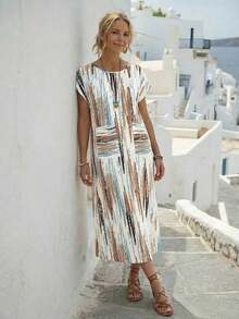 Vestido casual de mujer con estampado floral y manga corta, ideal para vacaciones de verano - Azul Agua - Ver 4