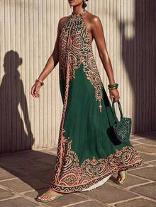 Vestido holgado de verano y primavera casual de vacaciones de cuello halter sin mangas con pliegues y bajo en A, color verde oscuro - vestido para mujer - Multicolor - Ver 3