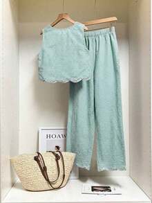 Frenchy Conjunto de 2 piezas de top sin mangas de cuello redondo a cuadros y pantalones para mujer - verde menta - Ver 2