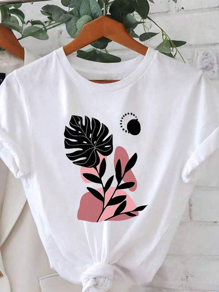 1 pieza de camiseta talla grande, Momentos frescos, diseño simple de pl tropicaerde, hoja de Monstera, rama y patrón geométrico impreso en camiseta, camiseta blanca de manga corta y cuello redondo con estampado, adecu para fiestas de vacaciones, atuendos de vacaciones, regalos de vacaciones, estilo casual, uste cómodo, diseño de moda, versátil para uso diario, suave, estilo. Conjunto de Pascua suave para mujer