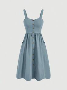 Vestido de verano para mujer de unicolor sin mangas con bolsillos - Niebla azul - Ver 1