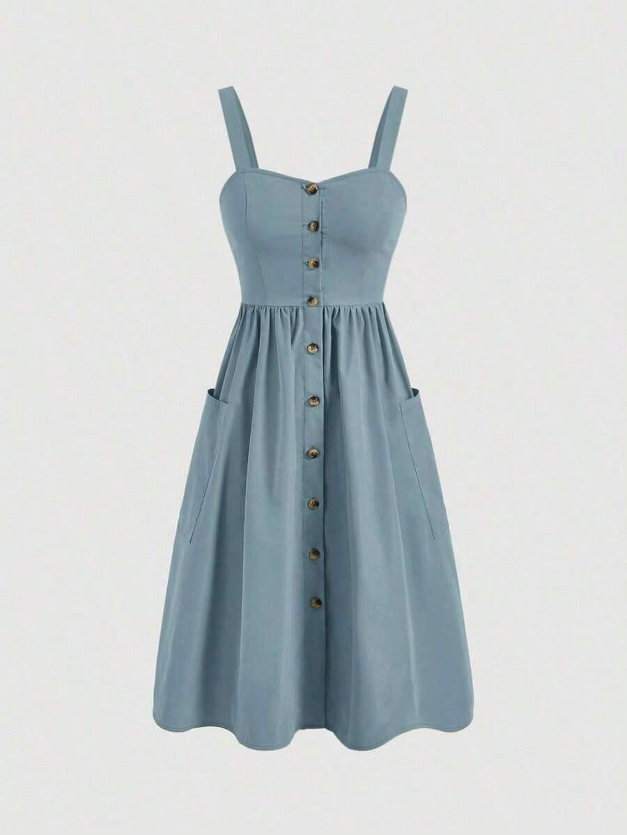 Vestido de verano para mujer de unicolor sin mangas con bolsillos - Niebla azul - Ver 1
