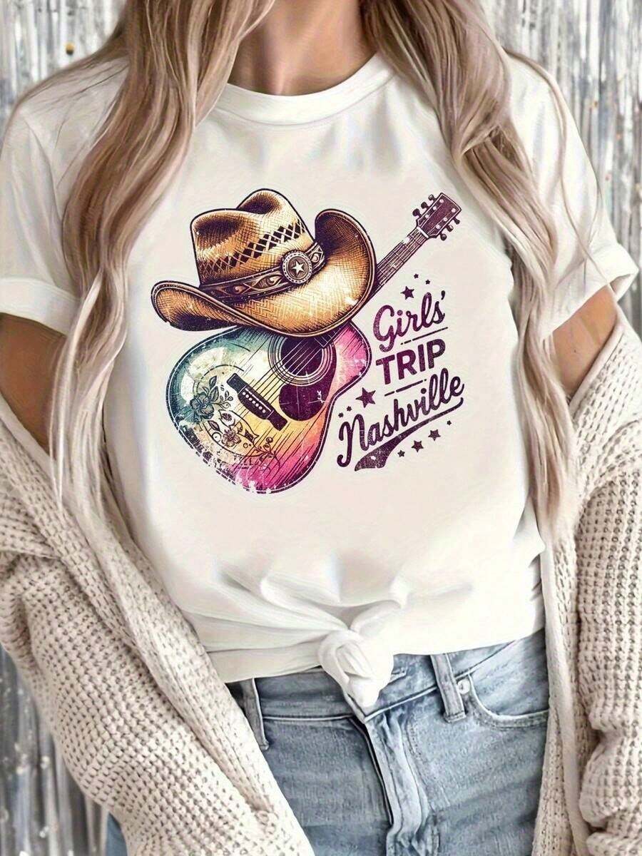 Camiseta de manga corta para mujerRedondoCuelloCortoMangaCamisetaNashvilleMúsicaTourCamiseta-BrillanteDibujos animadosGuitarraYVaqueroSombreroImprimir,ConElPalabrasViajeNashville,"SuaveElásticoManga cortaInformalSuperior,Primavera/VeranoMúsicaFestivalRopaPaísMúsicaTemáticoCamisetaMáquinaLavableYCómodoAjusteAdecuadoParaConciertosYInformalDesgaste,Camiseta de Nashville para el verano - Blanco - Ver 1