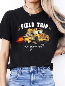 Camiseta gráfica divertida para mujer "FIELD TRIP" - Camiseta negra con la frase "¿FIELD TRIP, alguien?" Estampado - Tela suave y transpirable, conjunto casual para fiestas para mujeres - Lavable a máquina, top de verano para uso diario 100% algodón - Negro - Ver 1