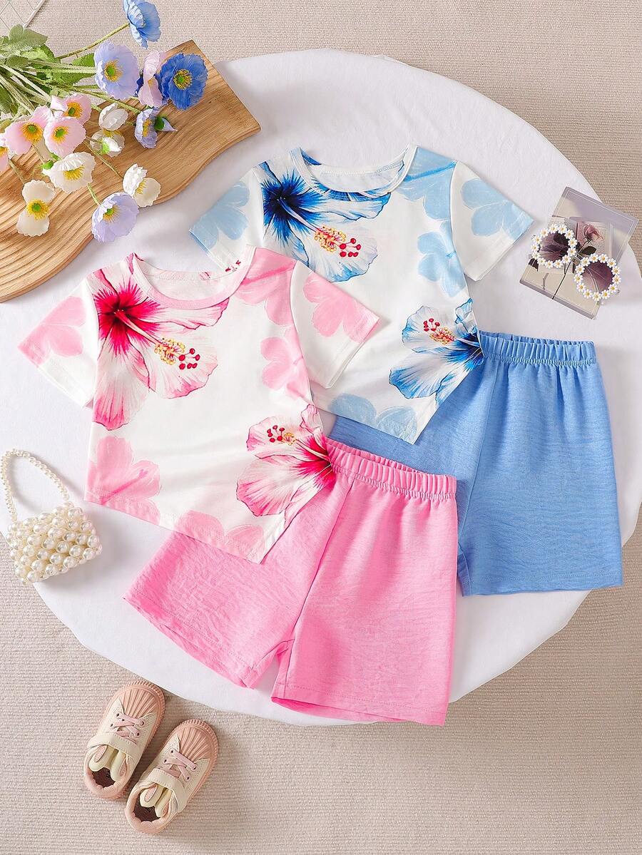 4pcs/Set Kaos Asimetris Motif Hibiscus untuk Anak Perempuan dan Celana Pendek Warna Polos - MultiWarna - View 1
