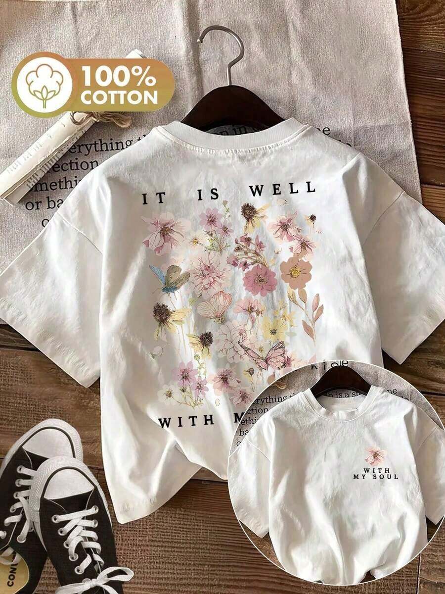 Camiseta de manga corta de algodón puro con cuello redondo y estampado floral de mariposas de estilo suave para mujer, estampado a doble cara, estilo casual de verano [Ling K] 2026-Camiseta casual-Blusas para mujer de estilo vintage urbano unisex, holgadas de algodón con cuello redondo. blusas.blusas casuales para dama. - Blanco - Ver 1