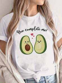 playeras de algodón mujer 1pscCamiseta de impresión de amor de aguacate de las mujeres - manga corta cuello de tulación Top casual con aguacate y letras 'AVO', uste relado para el verano, lrimavera y todo el año, camiseta casual suave lavable a la máquina100%cotton ropa de mujer Daily home top - Blanco - Ver 1