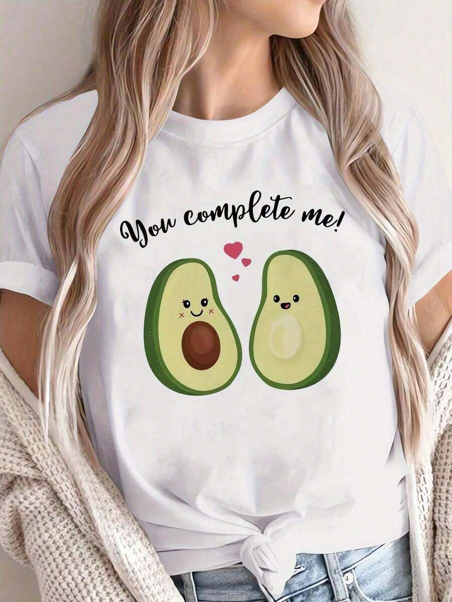 playeras de algodón mujer 1pscCamiseta de impresión de amor de aguacate de las mujeres - manga corta cuello de tulación Top casual con aguacate y letras 'AVO', uste relado para el verano, lrimavera y todo el año, camiseta casual suave lavable a la máquina100%cotton ropa de mujer Daily home top - Blanco - Ver 1