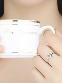 1pc Cute Cat Shaped Rhinestone Adjustable Open Ring, Minimalist Versatile, Suitable For Daily Wear, Gift For Friends - Open Ring - View 5