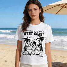 Tops para mujer de algodón de longitud regular, casual y linda para mujer, con diseño de Sunset Beach, Los Ángeles, Oeste de California, cuello redondo y manga corta, para verano. Ropa de verano para mujer, ropa de vacaciones para mujer, tops para mujer, tops y conjuntos de verano, ropa de verano, regalos de cumpleaños, regalos para la Copa Mundial 2026. - Blanco - Ver 5