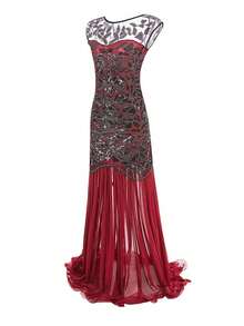 Women's Long Party Dress With V-Neck, Sequin And Lace Embroidery On The Top, Flowing Chiffon Skirt, Various Colors (Green, Black, Red, Champagne), Ideal For Banquets And Formal Events. - 紅色 - 查看 5