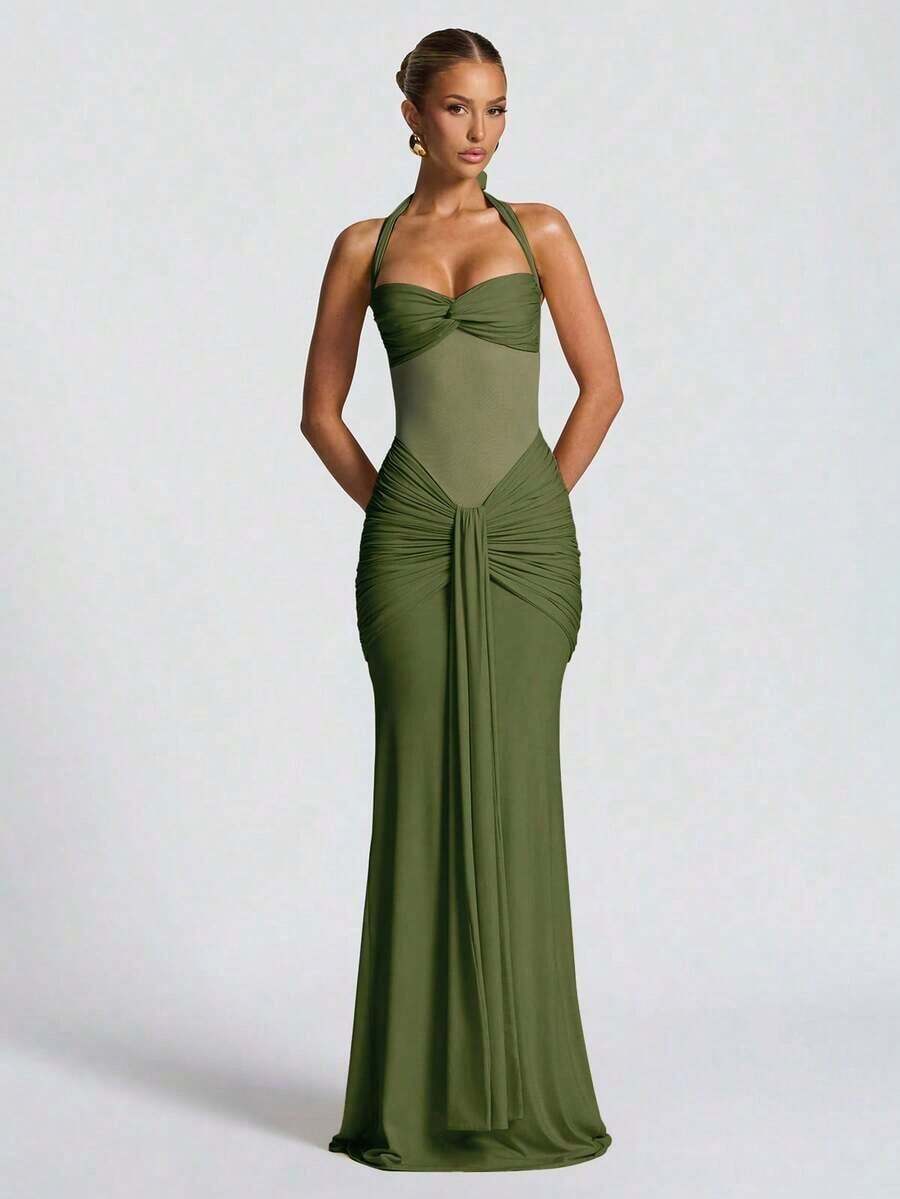 Spring Party Dress In Pink: Thin Straps, Open Back, Fitted Waist And High Slit With Mesh Details – Ideal For Holidays - 橄欖綠 - 查看 1