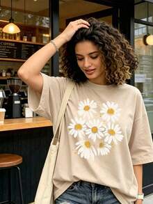 Camiseta Holgada Sencilla Mujer Estilo Moderno Women's Casual Daisy Floral Print T-Shirt Round Neck Short Drop Shoulder Sleeve Top Medium Stretch Tee for Spring Outfits Camiseta Mujer Estampado Gráfico  Verano 2026 - Albaricoque - Ver 3