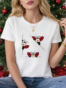 Talla Grande - Talla Grande - Camiseta de Talla Grande con Estampado de Mariquita de Dibujos Animados, Camiseta Gráfica Blanca de Manga Corta y Cuello Redondo - Lavable a Máquina, Adecuada para Primavera, Verano y Otoño, Estilo Casual, Ajuste Cómodo, Diseño Moderno, Versátil para Uso Diario - Negro - Ver 6