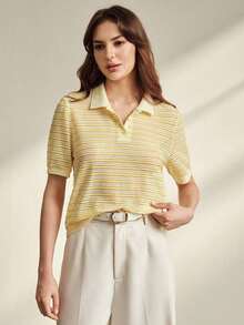 Camisetas de punto de manga corta con cuello medio de rayas de alta calidad y nueva moda de verano, talla estándar para mujer, tops lindos - Amarillo - Ver 5