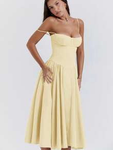 French Vintage Style Long Strapless Dress, Elegant Dress With An Aesthetic Color Palette - Light Yellow - View 6