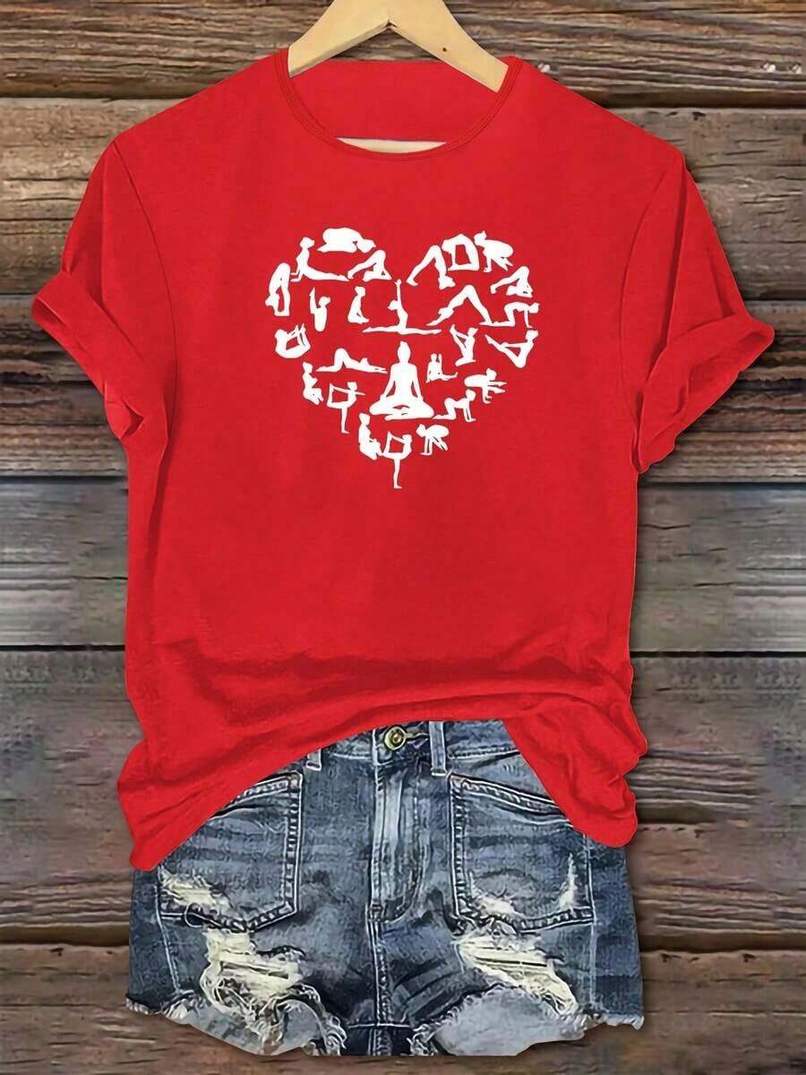 Estampado para Entusiastas del Yoga, Estampado en Forma de Corazón, Camiseta Cómoda y Suave, Camiseta de Manga Corta con Cuello Redondo, Camiseta Holgada y Cómoda, Estampado Popular, Estampado Divertido (Desarrollado) - Unisex, Corte Holgado - Camiseta de Algodón de Estilo Vintage Urbano Cómoda - Rojo - Ver 1