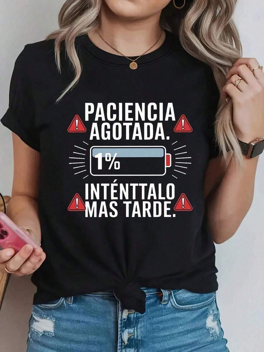 Short Sleeve T-Shirt "Patience Out Of Stock" With Letter Print, Short Sleeves And Round Neck, Casual Top For Summer And Spring, Women's Leisure Clothing - 黑色 - 查看 1