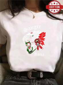 1 Piece Of Women's Blouse, Beautiful Blouses For Women, Women's Clothing Sets, High-Quality Black And White  T-Shirt With Skull And Eagle Print, Round Neck, Basic Loose Fit, Breathable, Versatile, Machine Washable, Comfortable, Size S-3XL, Essential For Daily, Casual And Sporty Summer Wear. - 白色 - 查看 3