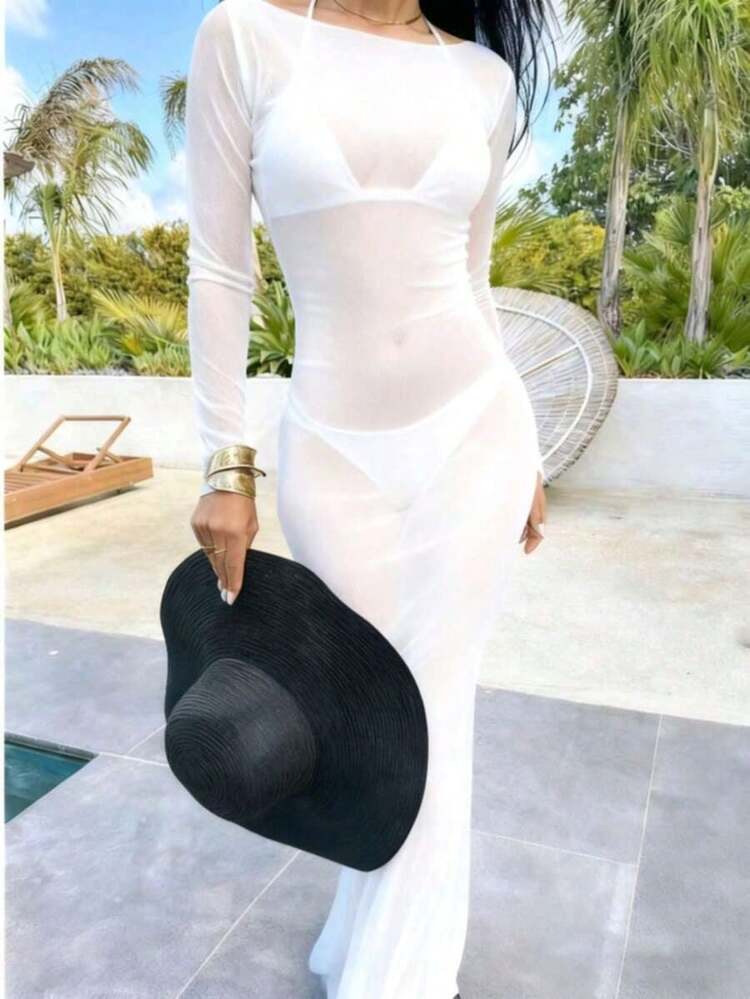 Vestido de manga larga con hombros descubiertos, de malla transparente y ajustado al Body, elegante para el verano - Blanco - Añade 3