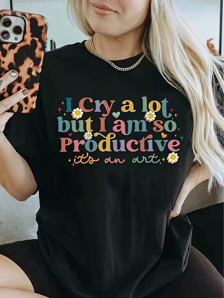 Camiseta Casual de Manga Corta con Cuello Redondo y Estampado Gráfico, Perfecta para Verano y Primavera, Diseñada para Mujeres